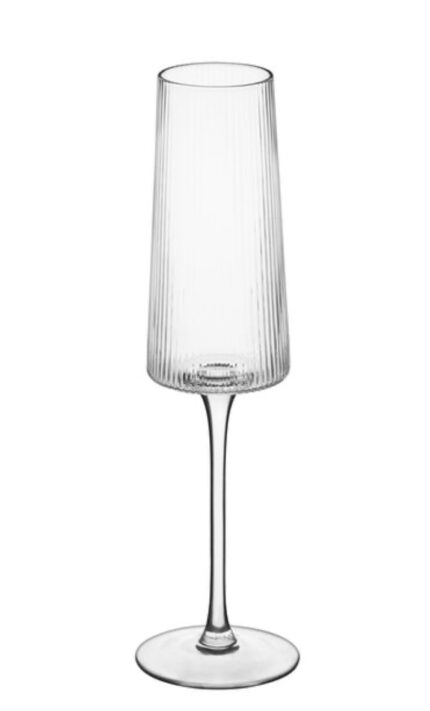 Modern ribbed champagne flute available for weddings and event rentals throughout Lake Tahoe, Truckee, Reno and the surrounding area.